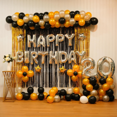 Glamorous Black, Gold & Silver Foil Fringe Birthday Decoration – Bangalore