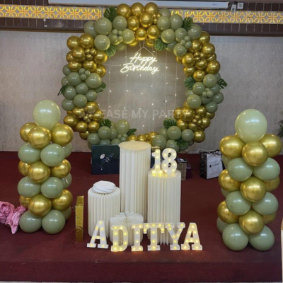 Classy Sage Green & Gold Balloon Ring Birthday Decor – Bangalore