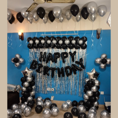 Classic Midnight Black & Silver Shimmer Fringe Birthday Decor – Bangalore