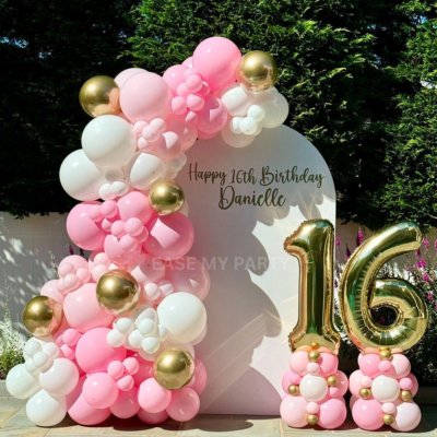 Elegant Pink & Gold Arch Birthday Decor – Bangalore