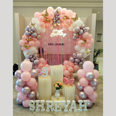 Enchanting Pastel Pink & Butterfly Balloon Ring Birthday Decor – Bangalore