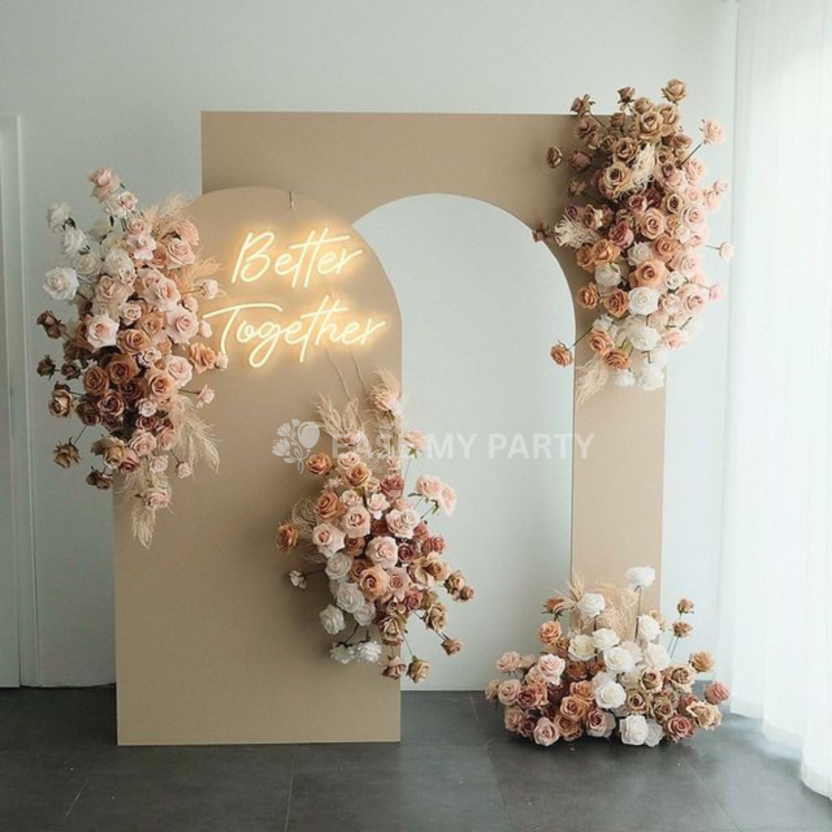 Boho Minimalist Arch Panel Engagement Stage Decor – Bangalore
