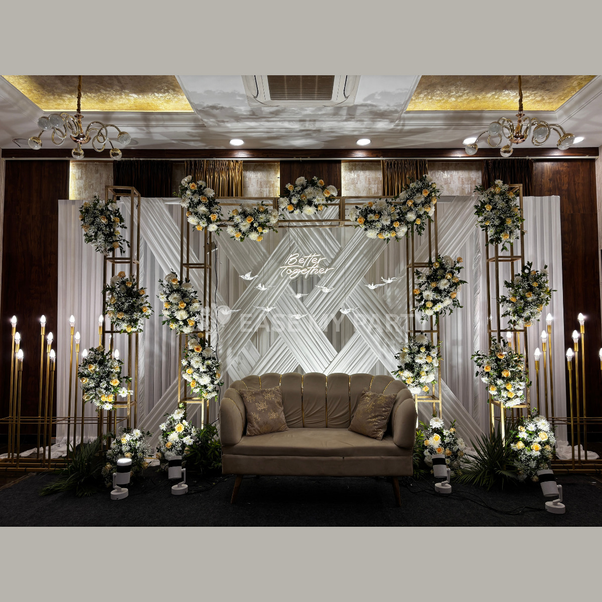 Luxury Geometric Gold Tower Stage Engagement Decor – Bangalore