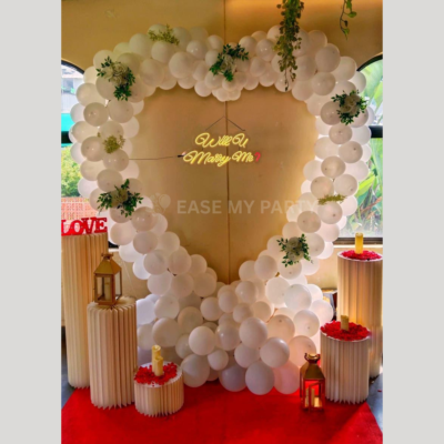 Elegant White Heart Balloon Arch Proposal Decor – Bangalore
