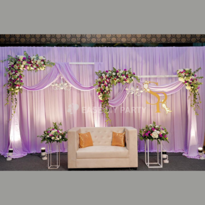 Elegant Lavender Drapes & Floral Wedding Reception Stage Decor – Bangalore
