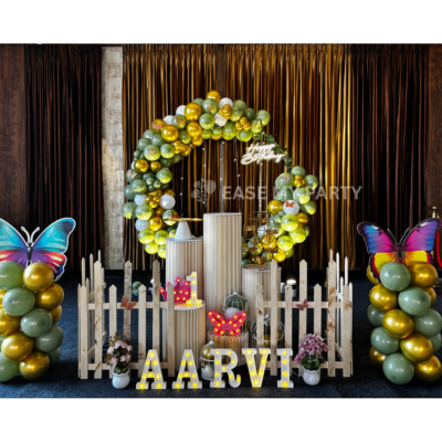 Whimsical Pastel Olive & Gold Balloon Ring Birthday Decor – Bangalore