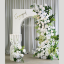 Premium White Floral Engagement Backdrop in Bangalore – Acrylic Arch & Pedestal Decor