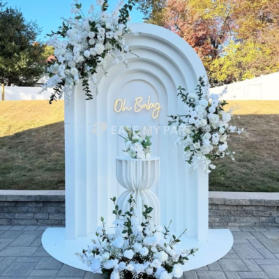 All-White Baby Shower Arch Backdrop in Bangalore