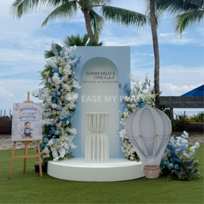 Premium Pastel Blue First Birthday Stage Decoration in Bangalore